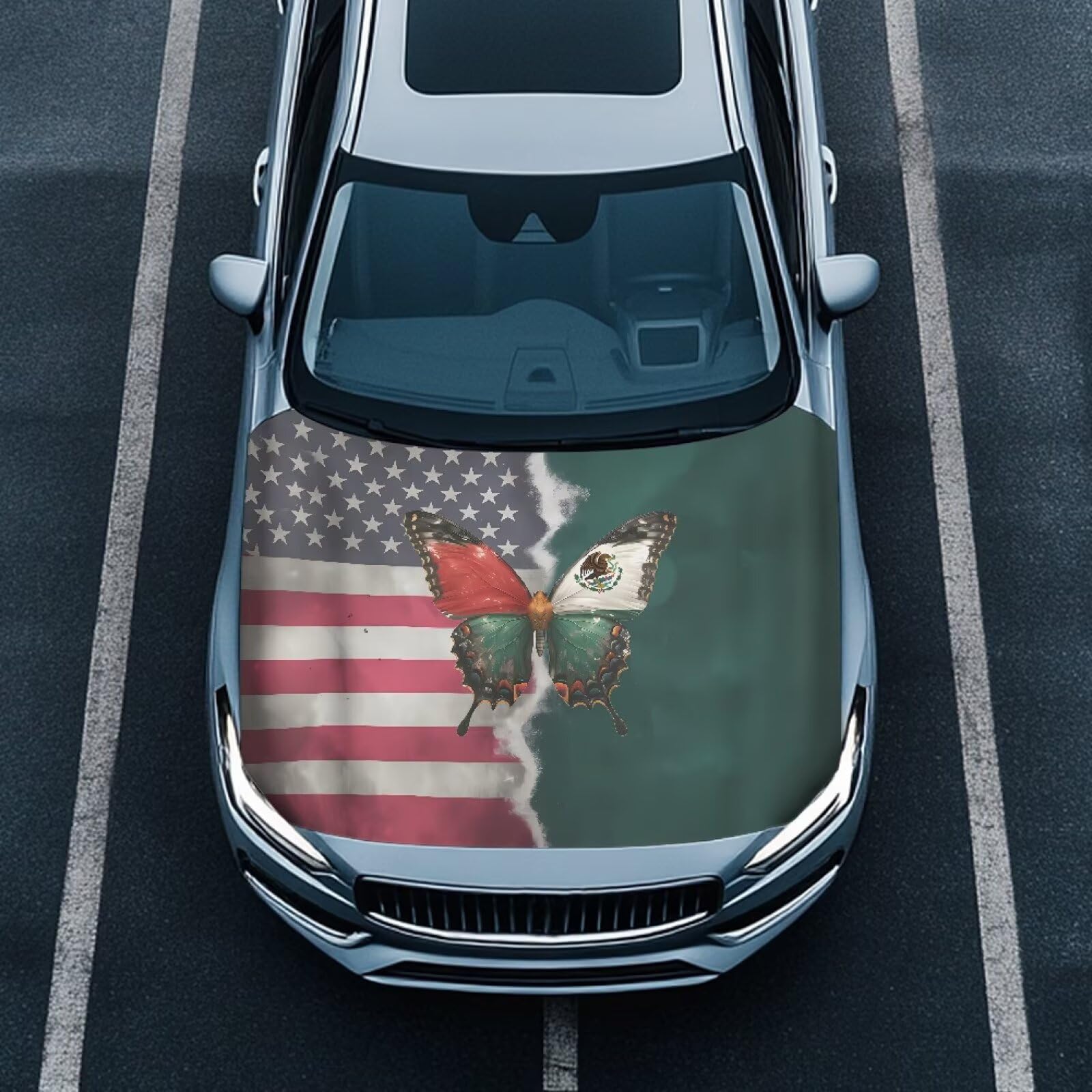 USA Flag Butterfly Hood Cover for Car Sedans SUV Trucks, 59  39 Inch Stretchable Mexican Flag Design Auto Hood Wrap Blankets, Un